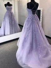 Load image into Gallery viewer, Lilac Lace Spaghetti Straps Prom Dress