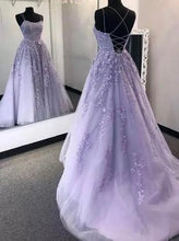 Charger l&#39;image dans la galerie, Lilac Lace Spaghetti Straps Prom Dress