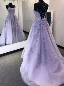 Lilac Lace Spaghetti Straps Prom Dress