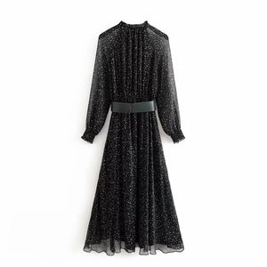 Polka Dot Print With Belt Chiffon Dress