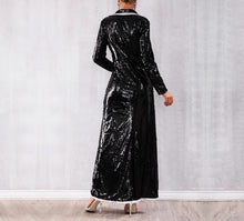 Load image into Gallery viewer, Black Sequin Slit Coat Dress