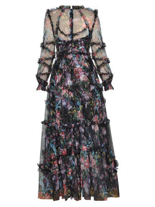 Mesh Floral Print Ruffle Maxi Dress