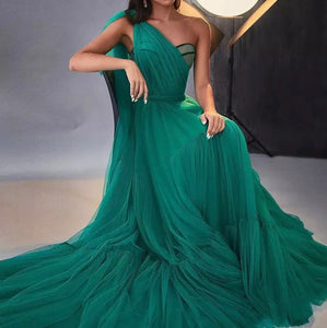 Cape Sleeve Ruffled Tulle Prom Evening Dress