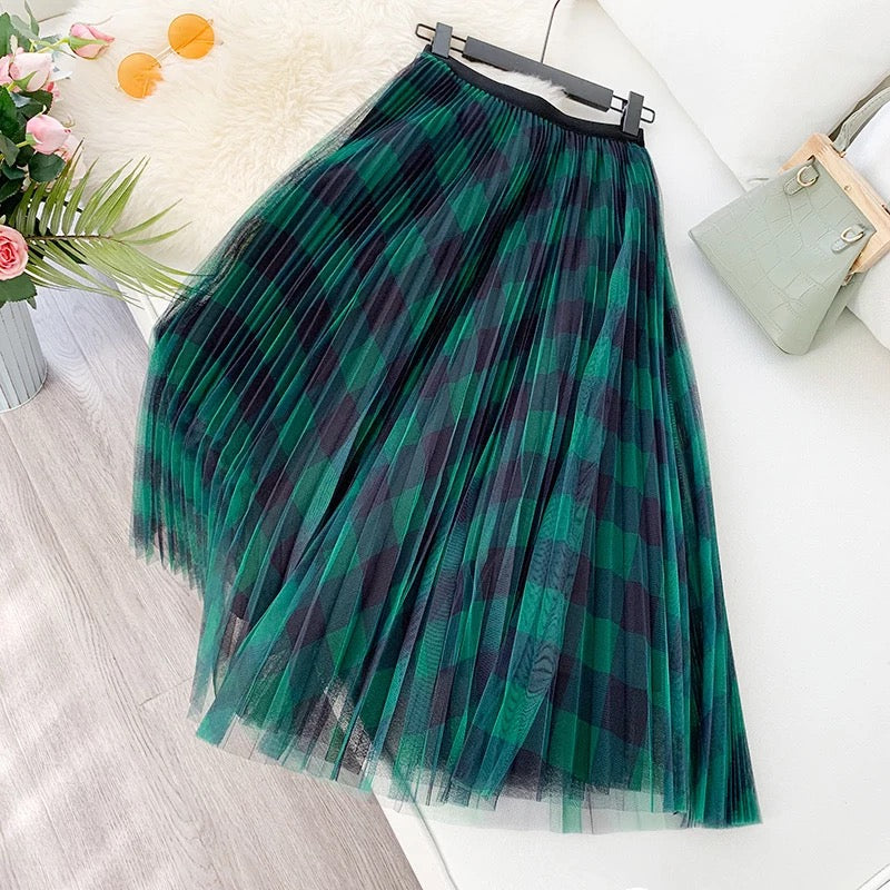 Long Pleated A Line Tulle Skirt