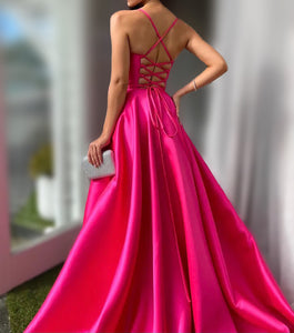 A-line Satin High Slit Prom Gown