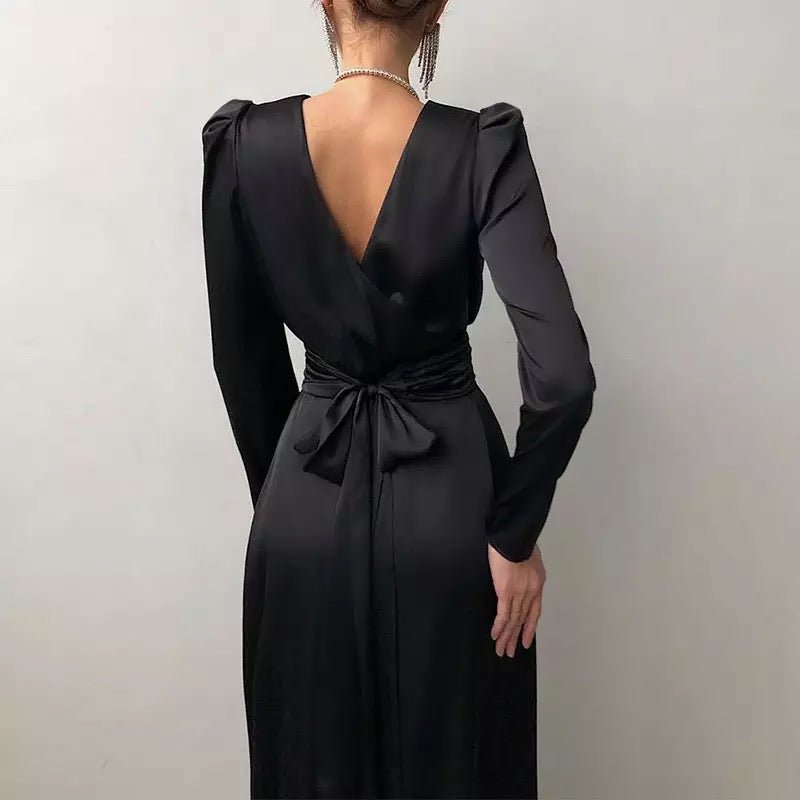 Elegant Satin Open Back Long Sleeve Slit Hem Belted Dress