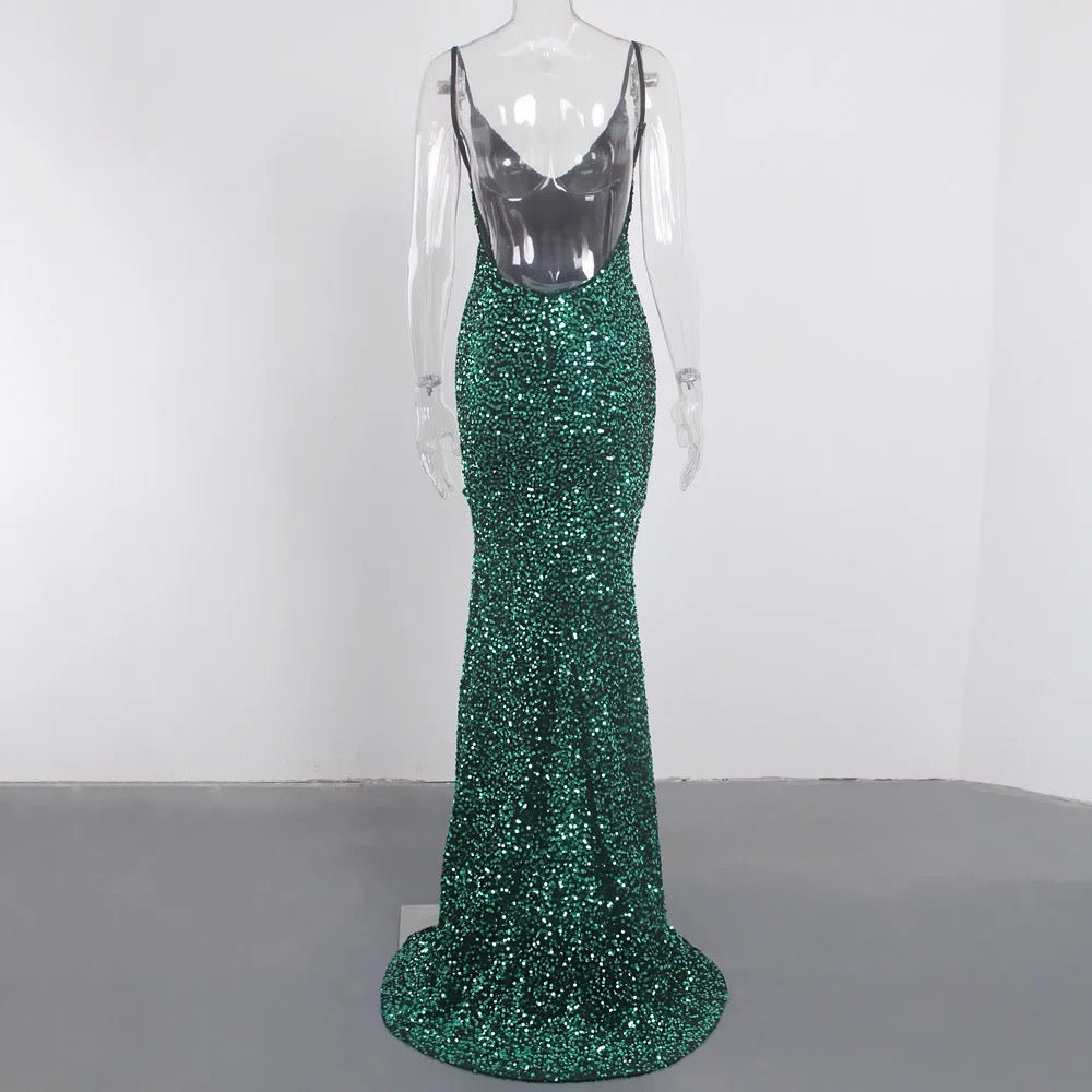 Sequin Stretch Backless Slit Dress