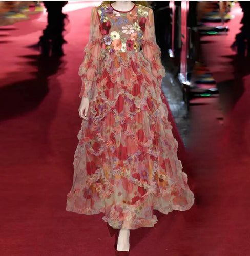 Flower Embroidery Net Yarn Ruffle Dress