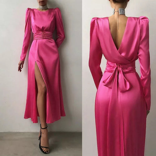 Elegant Satin Open Back Long Sleeve Slit Hem Belted Dress