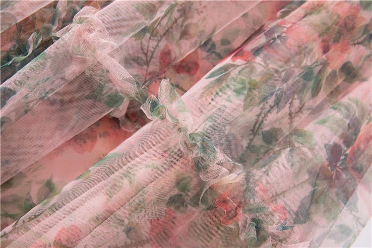 Mesh Ruffles Flower Spaghetti Dress