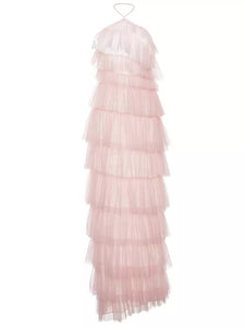 Tulle Halter Tiered Pleated Layered Dress