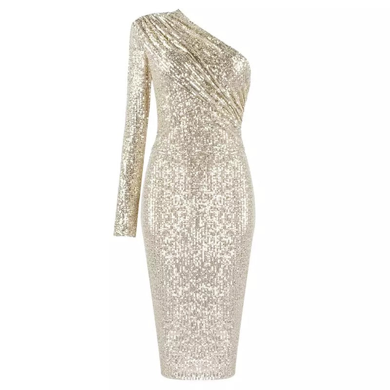 One Shoulder Mesh Sequins Dress