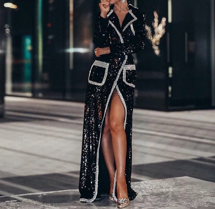 Black Sequin Slit Coat Dress – yourpersonalstylistuk