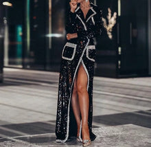 Load image into Gallery viewer, Black Sequin Slit Coat Dress