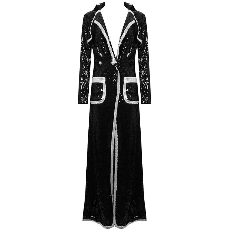 Black Sequin Slit Coat Dress
