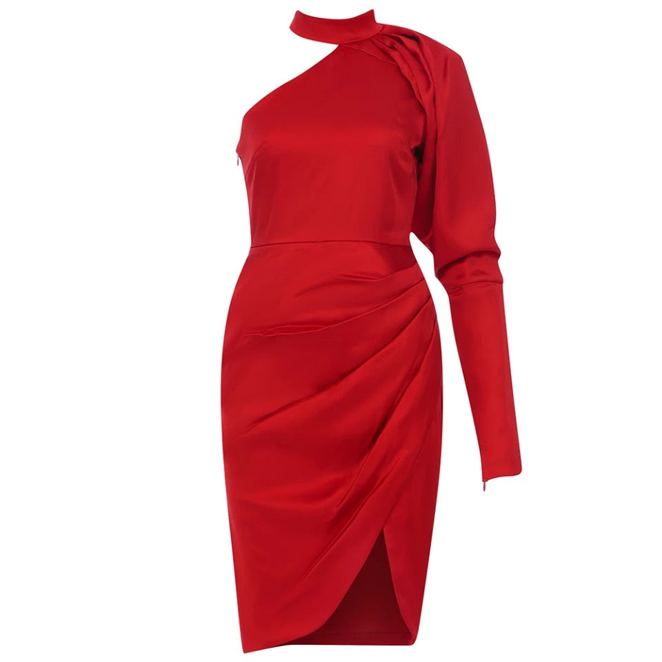 Red One Shoulder Draped Dress