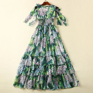 Green Printed Tiered Long Dress