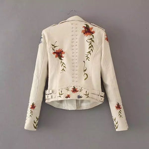 Floral Embroidery Faux Leather Jacket