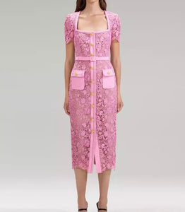 Pink Square Collar Lace Mid-length Dress