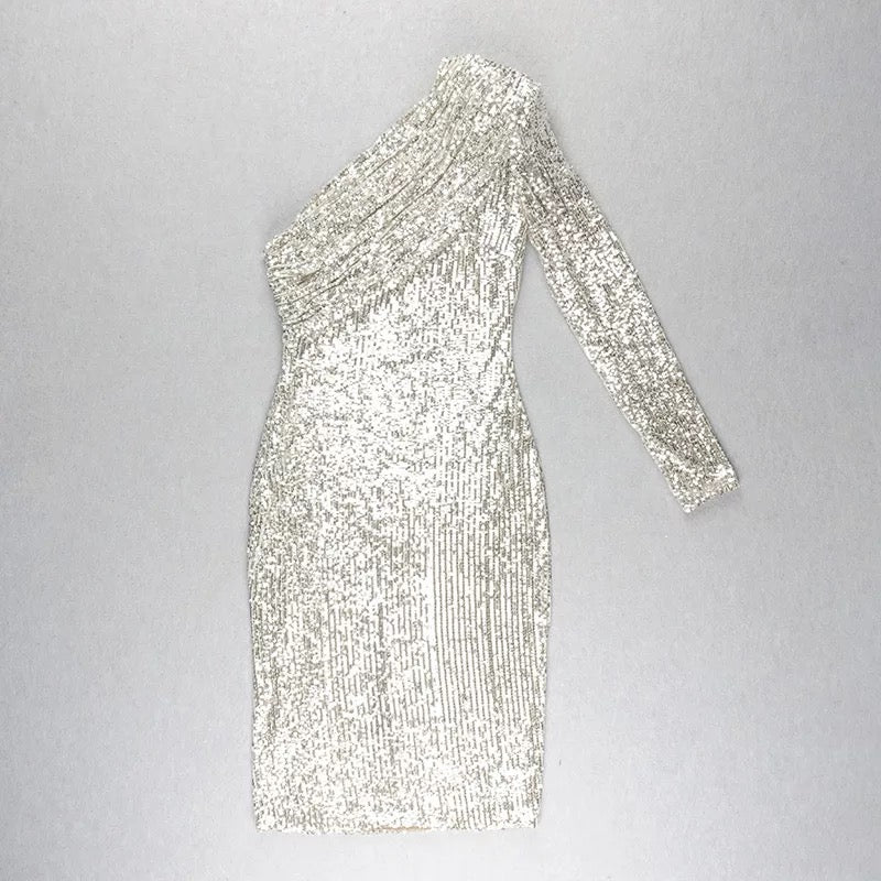 One Shoulder Mesh Sequins Dress