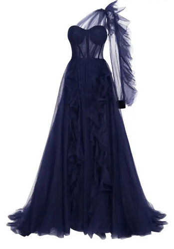 Side Split Tulle Ruffles Gown