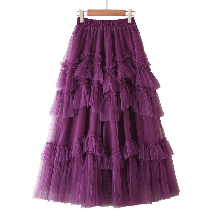 Mesh Ruffle Tulle Midi Skirt