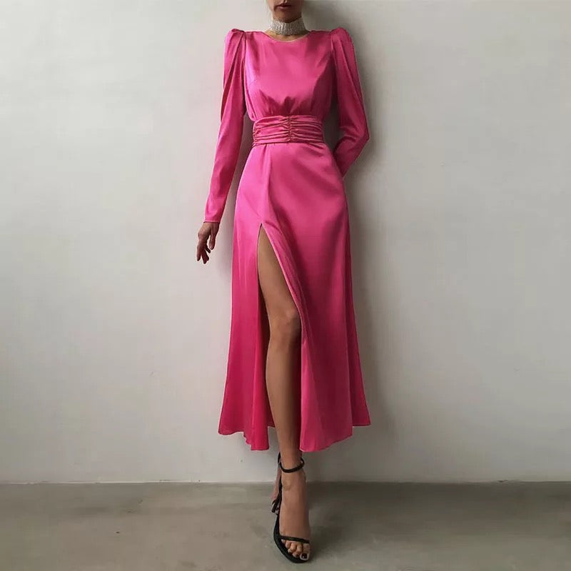 Elegant Satin Open Back Long Sleeve Slit Hem Belted Dress
