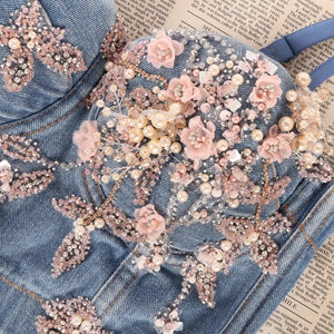 Flower beading Denim Corset Top