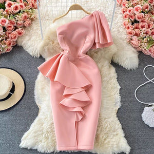 One Shoulder Ruffles Cocktail Dress