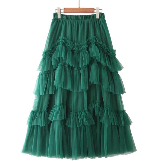 Mesh Ruffle Tulle Midi Skirt