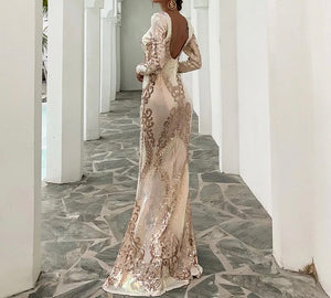 Multi Sequinned O Neck Elegant Gown