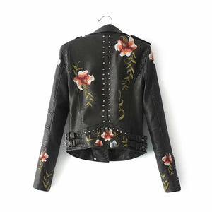 Floral Embroidery Faux Leather Jacket