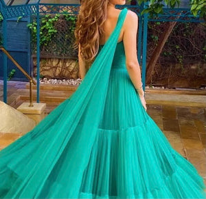 Cape Sleeve Ruffled Tulle Prom Evening Dress