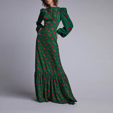 Load image into Gallery viewer, Green Long Vintage Lantern Sleeve Maxi Dress