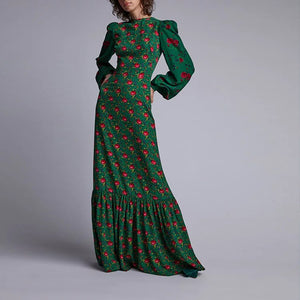 Green Long Vintage Lantern Sleeve Maxi Dress