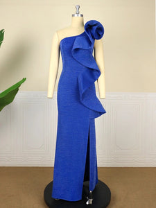 Blue Shiny Ruffle Bodycon Evening Dress