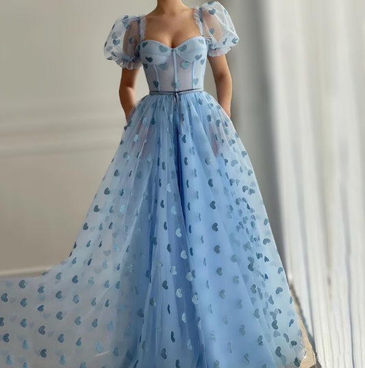 Hearty Tulle Puff Sleeves Prom Gowns