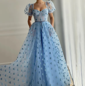 Hearty Tulle Puff Sleeves Prom Gowns