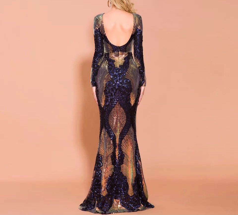 Multi Sequinned O Neck Elegant Gown
