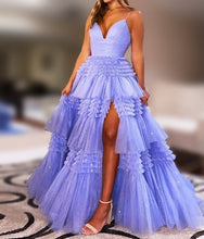 Load image into Gallery viewer, Glitter Side Slit Tiered Prom Dress