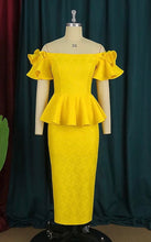 Load image into Gallery viewer, Yellow Lace Peplum Dress