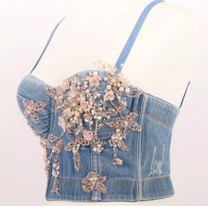 Flower beading Denim Corset Top