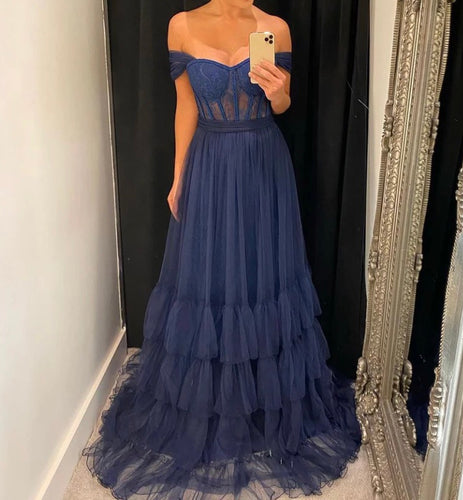 Bow Back Long Tulle Prom Dress