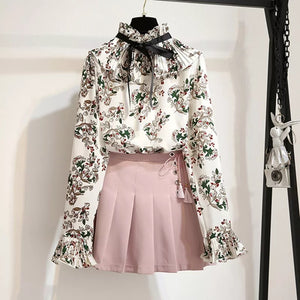 Ruffles Floral Shirt and Pleated Skirt Sets