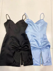 Diamond Bow Tie Split Spaghetti Strap Skinny Mini Dress
