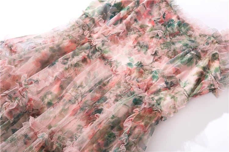Mesh Ruffles Flower Spaghetti Dress
