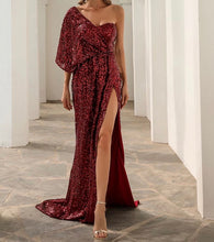 Load image into Gallery viewer, One Shoulder High Slit Sequin Gown