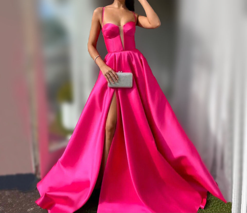 A-line Satin High Slit Prom Gown