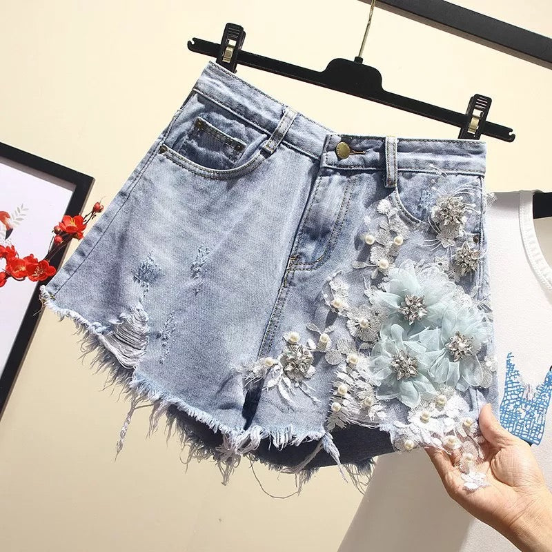 Flowers Embroidery Denim Shorts