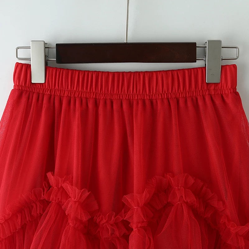 Mesh Ruffle Tulle Midi Skirt